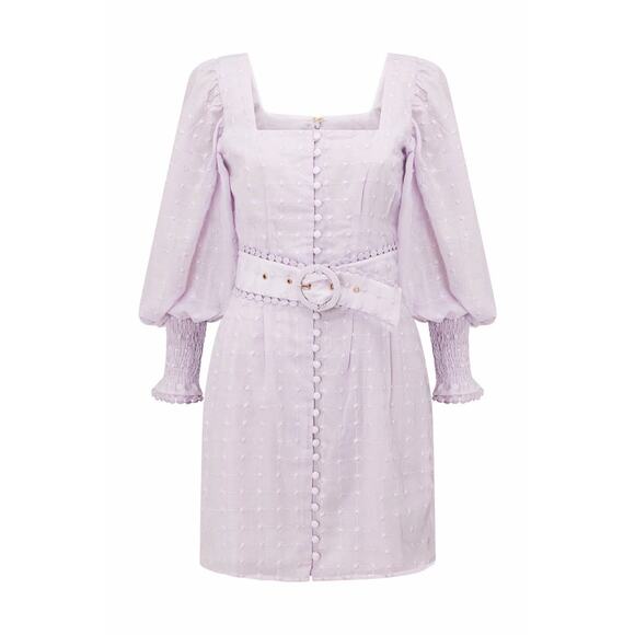 SABO Dresses & Skirts - SABO Belted Larose Dress Lilac Square Neckline Puff Sleeves Vintage Flair Size 4